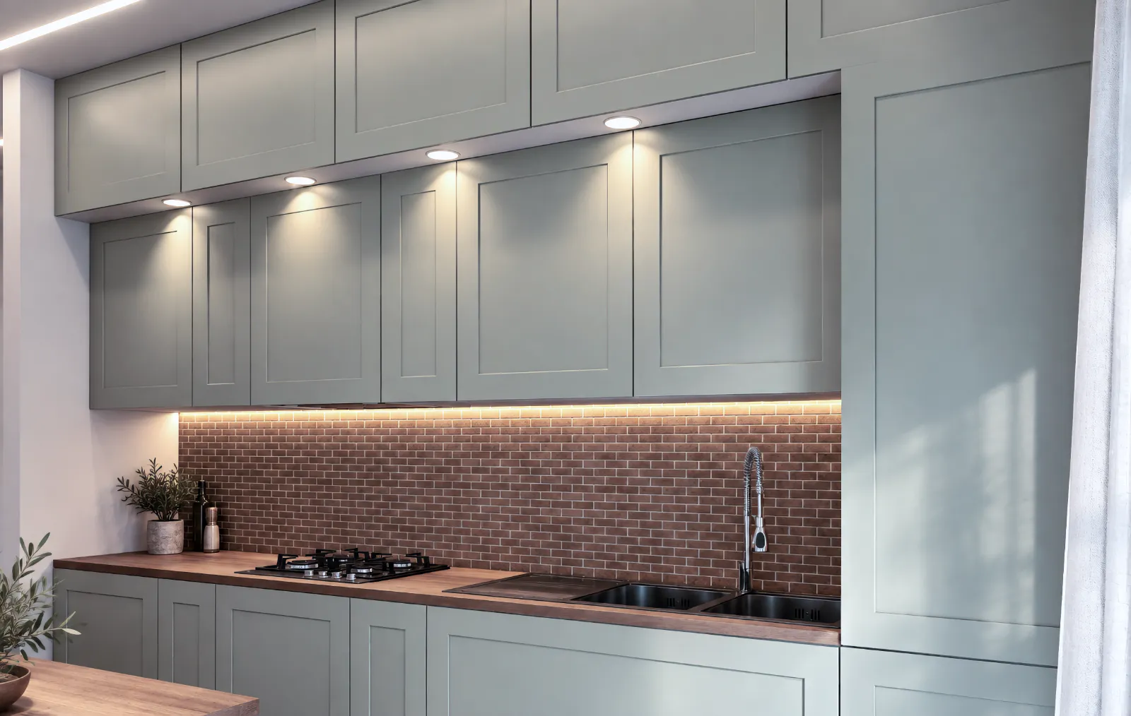Cucina verde con piano in legno e illuminazione integrata proposta per Afrodite Residence