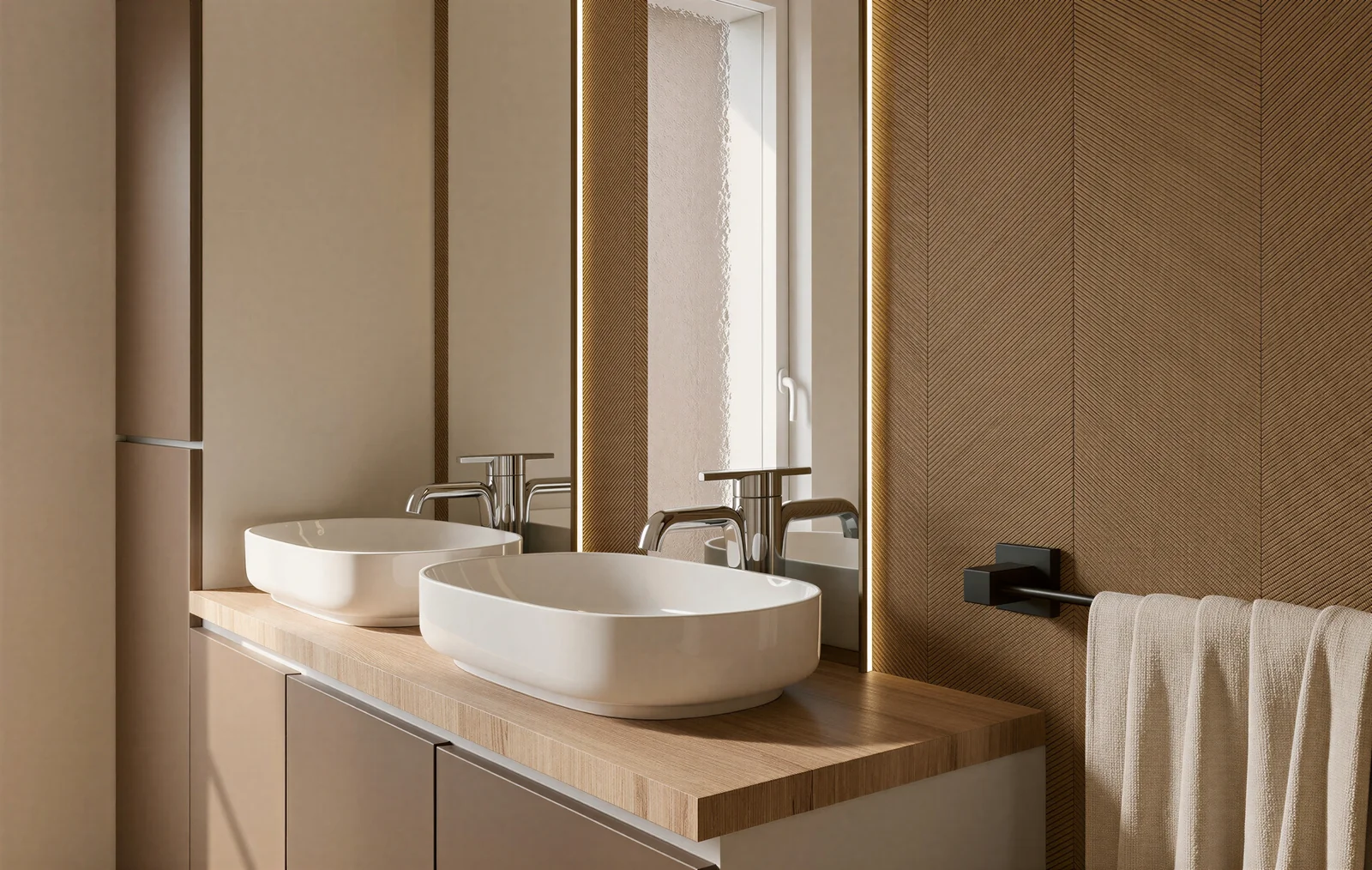 Bagno con doppio lavabo e finiture in legno