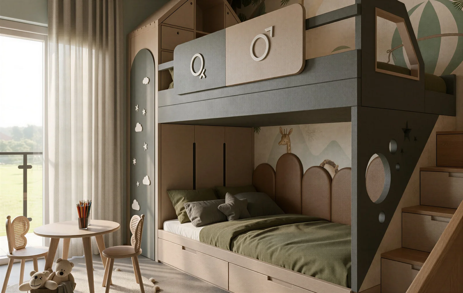 Cameretta con letto a castello e scala contenitore