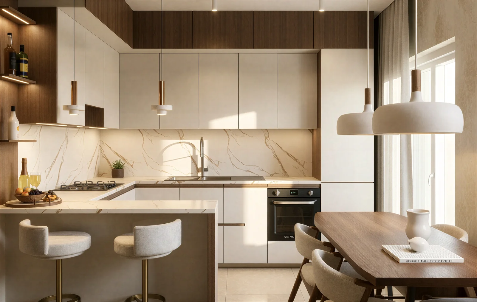 Cucina con bancone e zona pranzo
