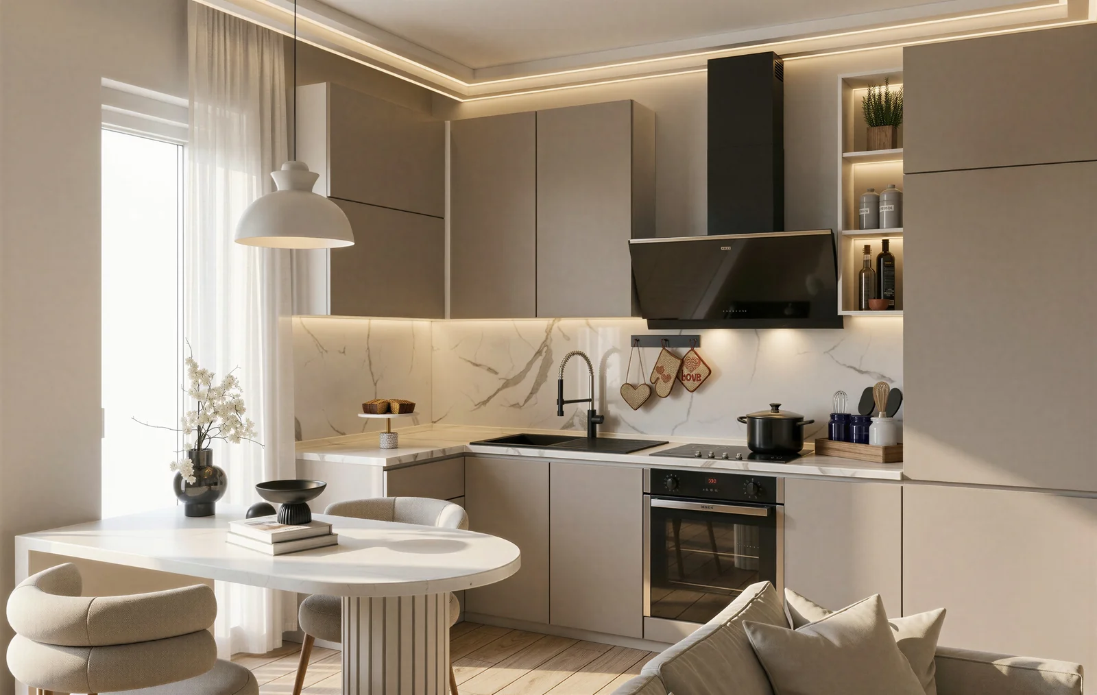 Cucina con tavolo rotondo e finiture naturali