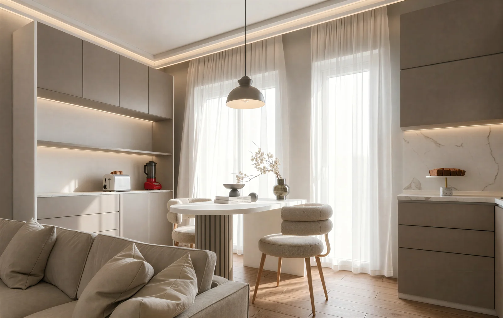 Cucina luminosa con tavolo vicino alla finestra