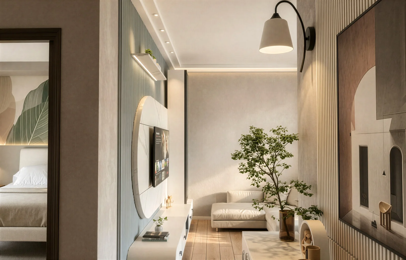 Soggiorno con parete TV e luce naturale