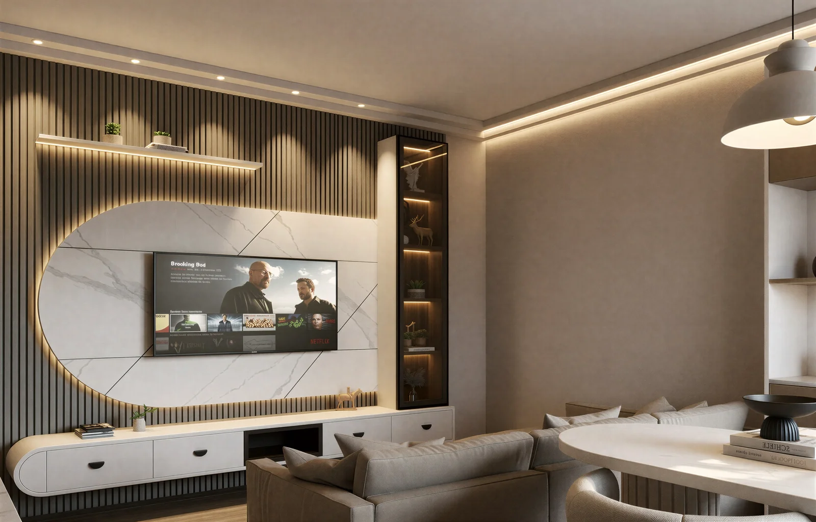 Soggiorno con parete TV e illuminazione integrata
