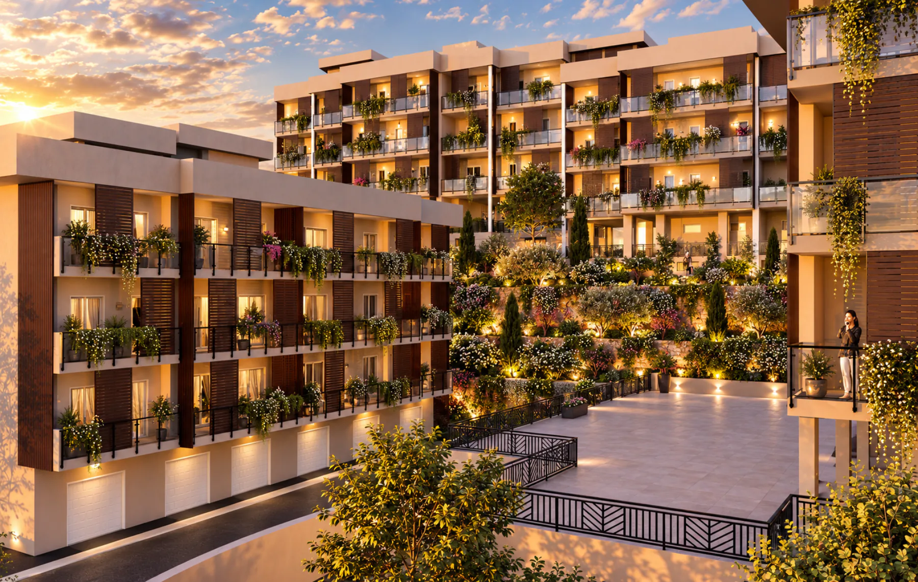Cortile di Afrodite Residence tra facciate, terrazze e verde