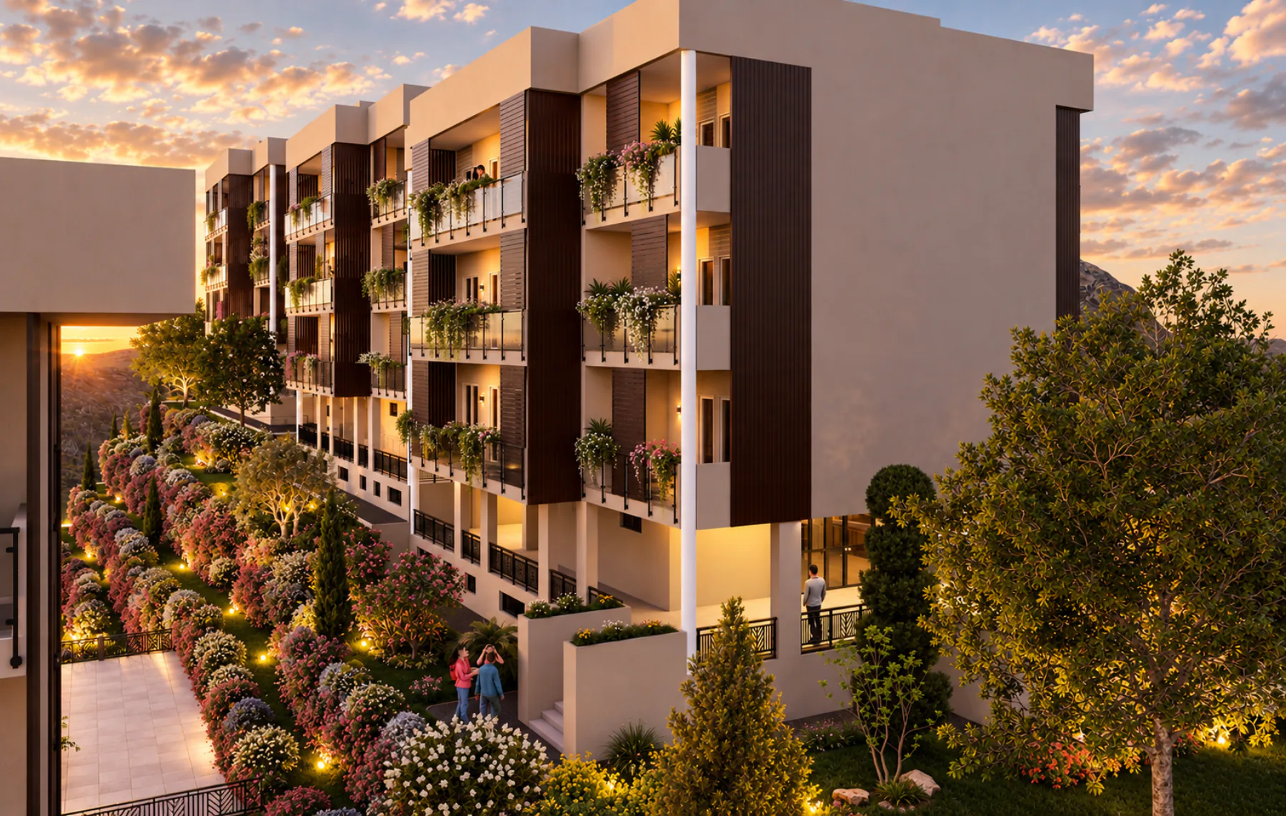Edificio residenziale affacciato su un giardino con alberi e fioriture