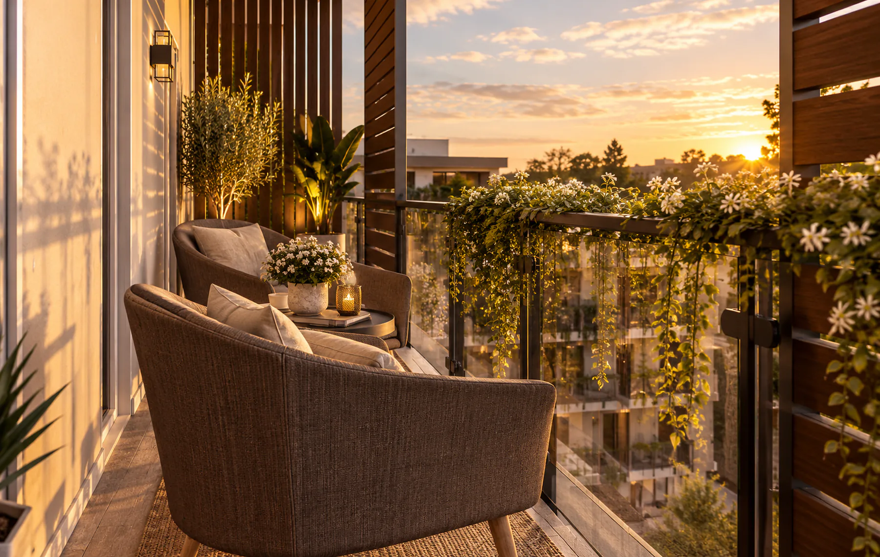 Terrazza arredata con poltrone, fioriture e vista al tramonto