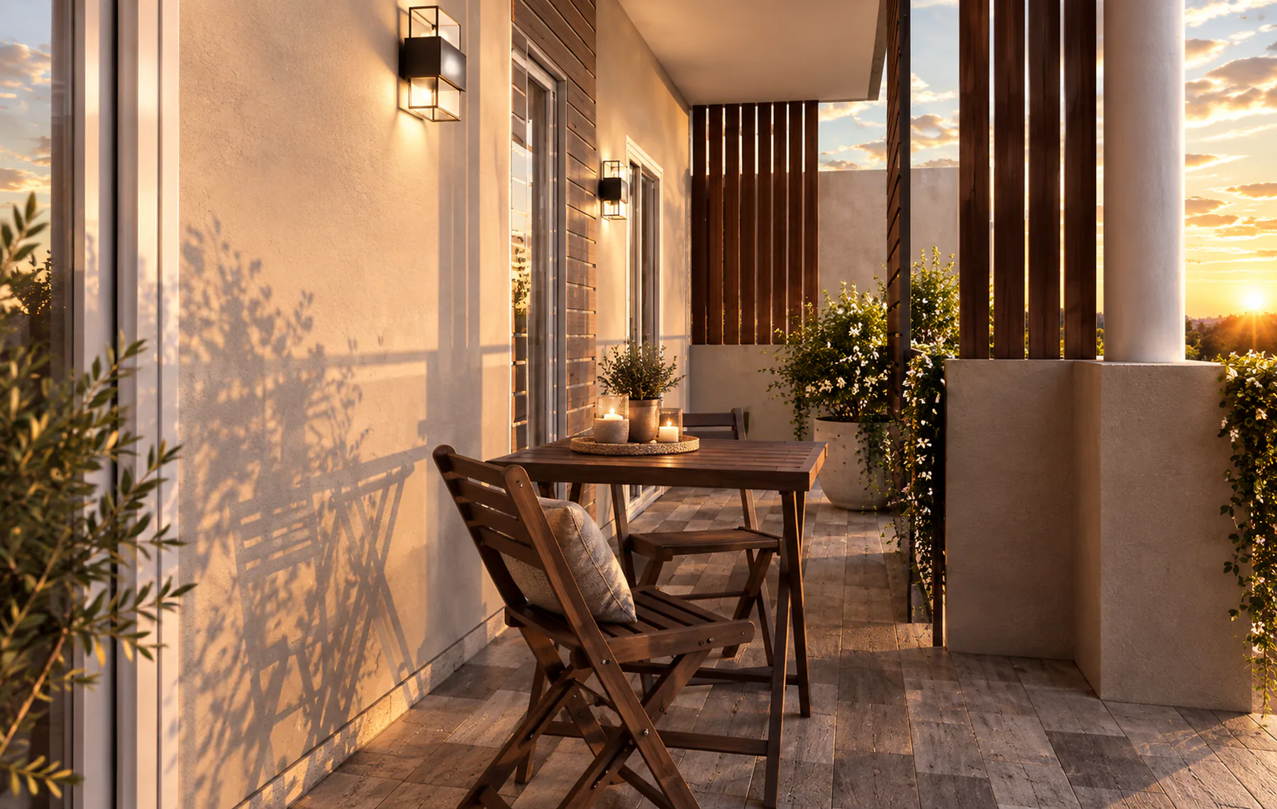 Zona pranzo in terrazza al tramonto, circondata da piante e fiori